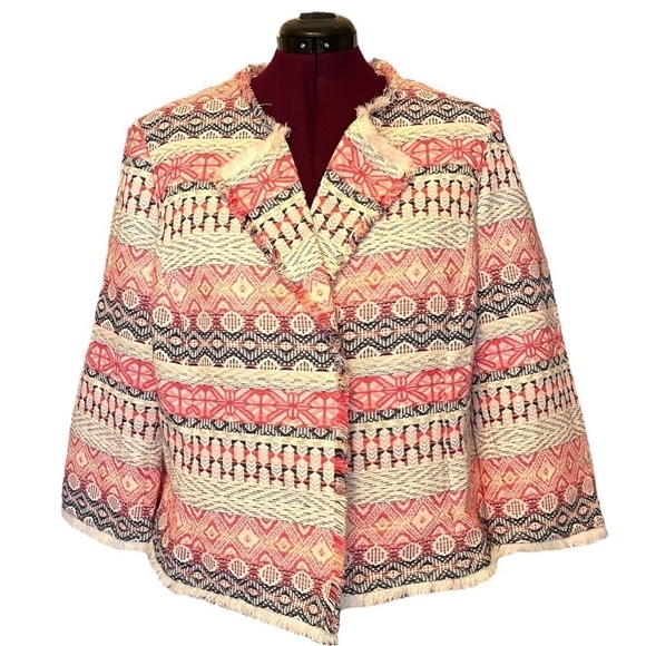 TAHARI by Arthur S Levine Bohemian Print Fringe Open Front Jacket Blazer - Picture 2 of 12